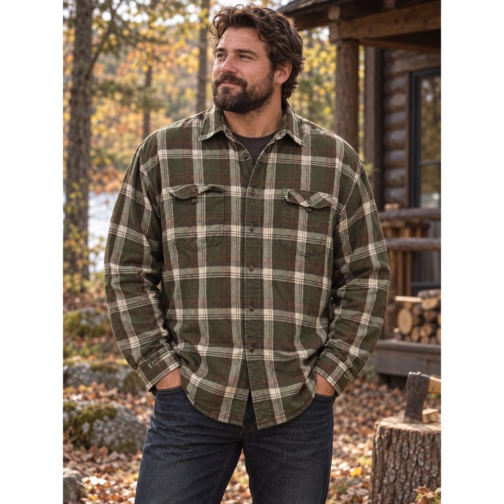 Timberland Plaid Shirt Mens XL Olive Cotton Rugged Casual Earthy Fall Layering